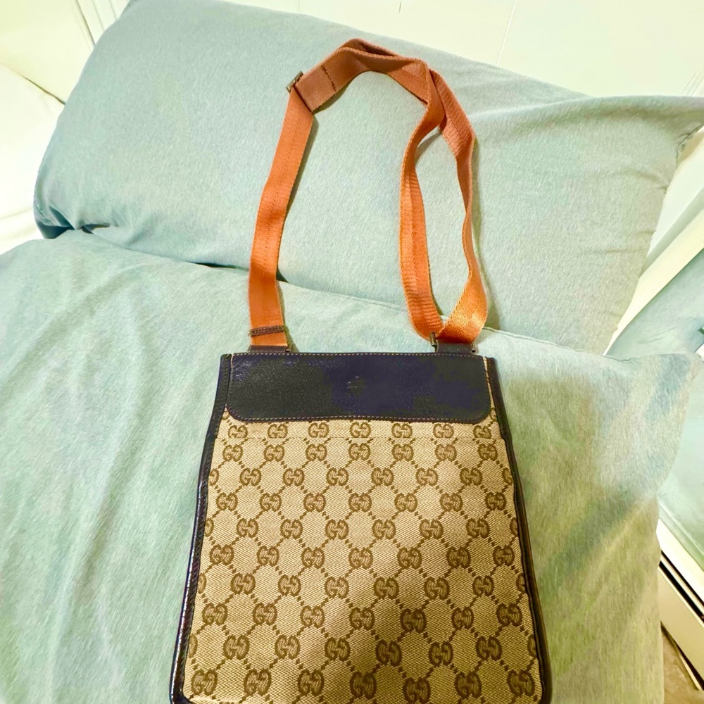Gucci Tan and Brown Monogram Shoulder Bag with Leather Trim